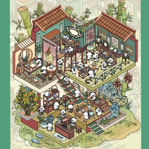 Qikawa Panda Tea House 3D Landscape Sticker Scene