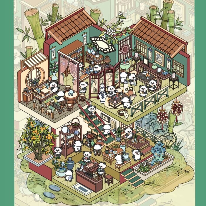 Qikawa Panda Tea House 3D Landscape Sticker Scene