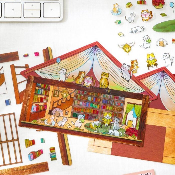 Qikawa Cute Cat House DIY 3D Miniature Scene Sticker - 图片 6