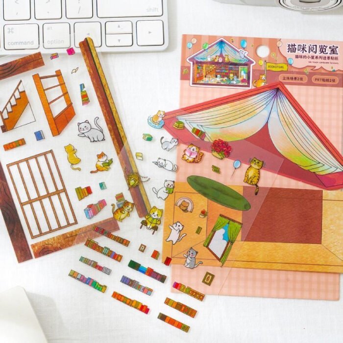 Qikawa Cute Cat House DIY 3D Miniature Scene Sticker - 图片 4