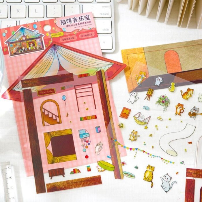 Qikawa Cute Cat House DIY 3D Miniature Scene Sticker - 图片 3